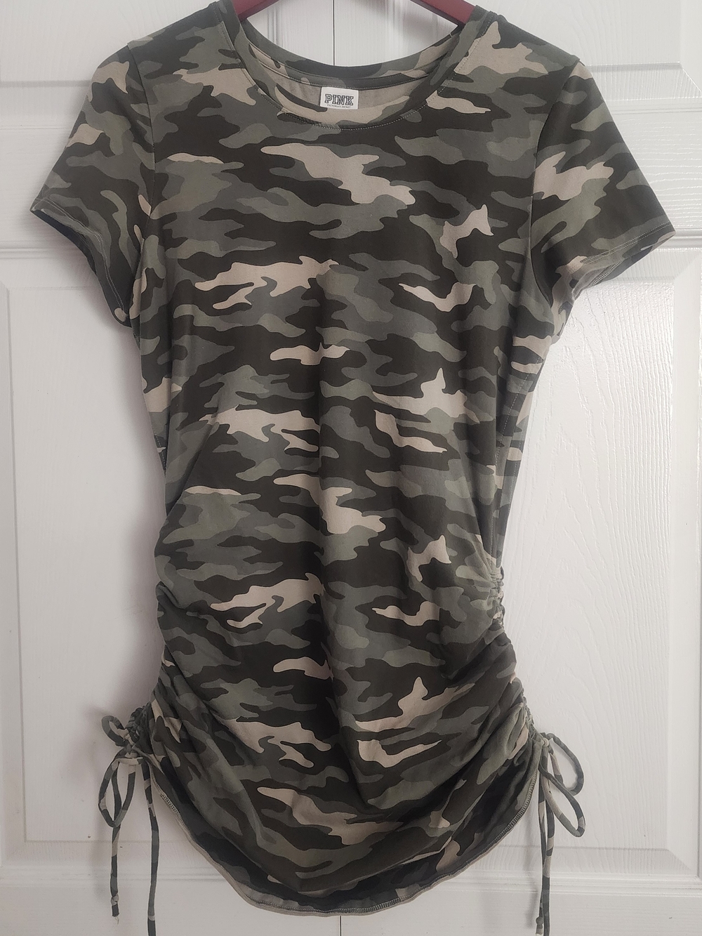 PINK Victoria's Secret Green Camo Side Ruched/Scrunch Tie Short Sleeve Dress, L